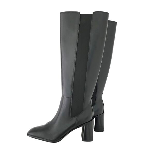 Nordstrom Tyra Black Tall Knee High Boot Sz 9.5 Leather Pull-On Elastic Gore NIB - Picture 2 of 14